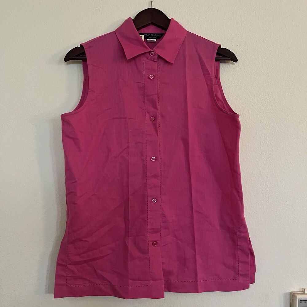 DAVID N PETITES Sleeveless PM Pink Linen Cotton Button Up Collar Shirt Blouse